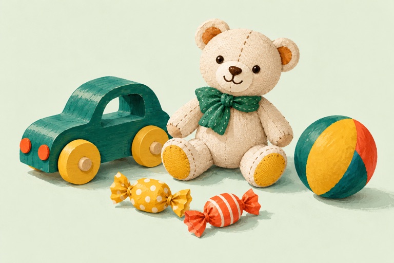 Brinquedos e pequenos doces, em ilustração.