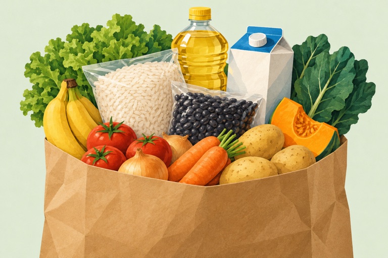 Uma sacola com alimentos essenciais, em ilustração.