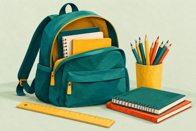 Mochila, cadernos e lápis de cor, em ilustração.